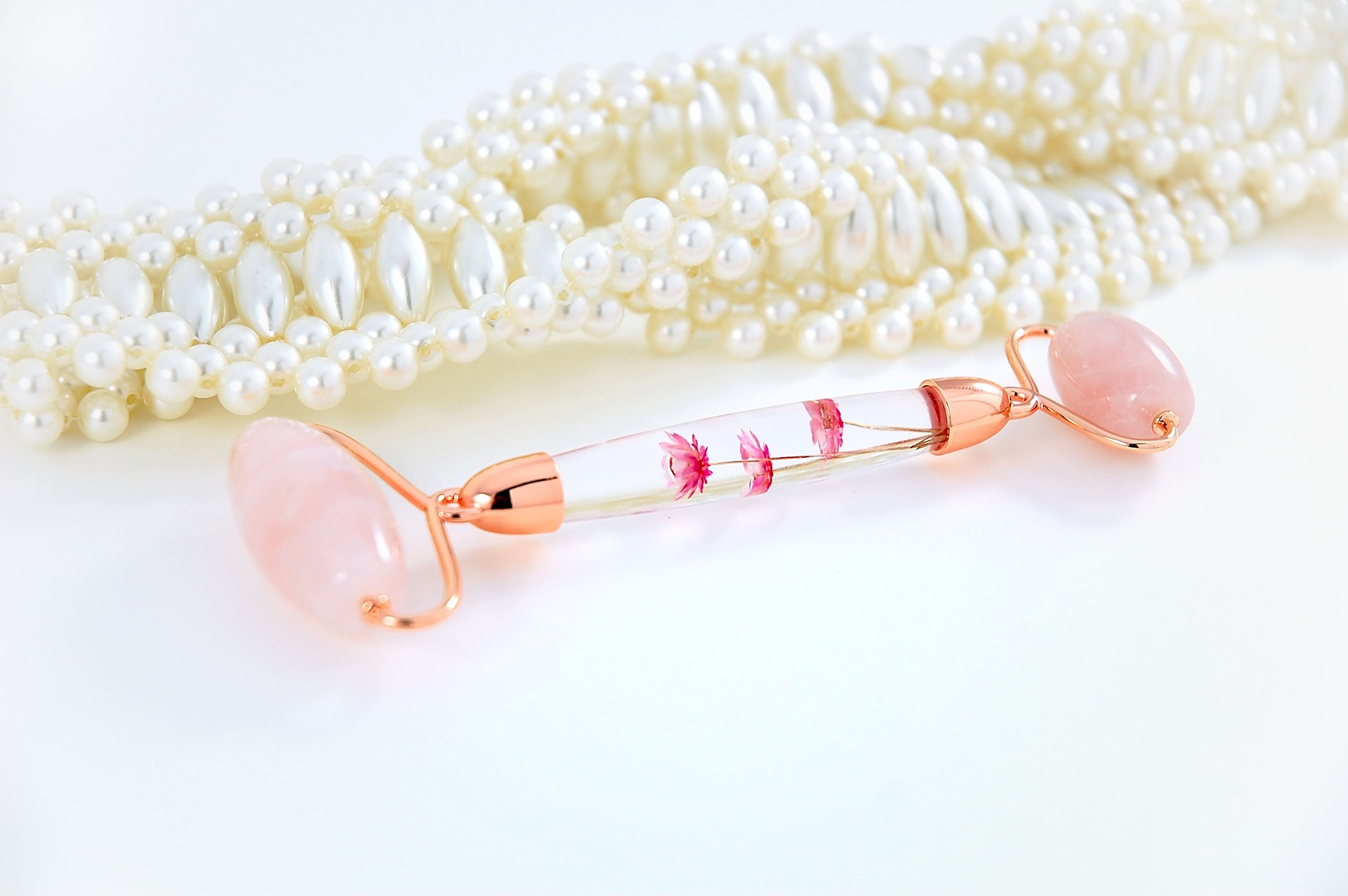 Rose Quartz Jade Roller with Real Flower Infused Handle